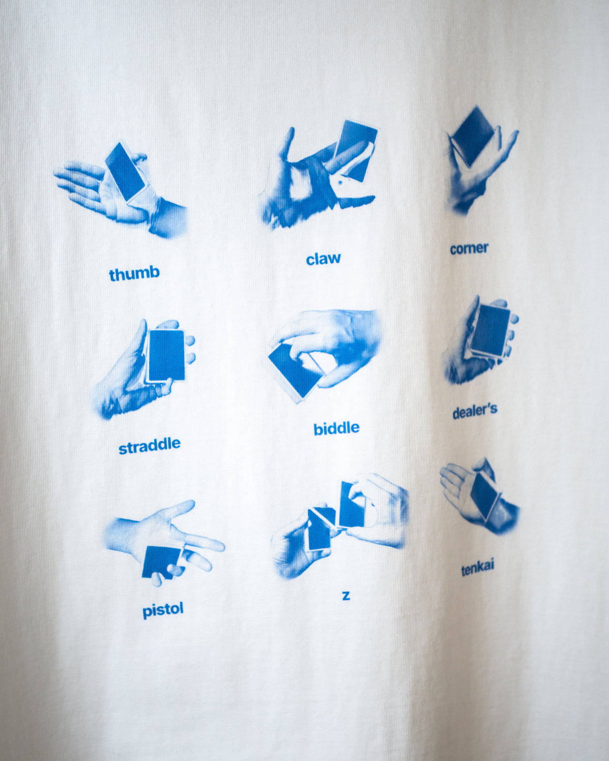 Close-up of the nine card grips printed on the Get a Grip Tee